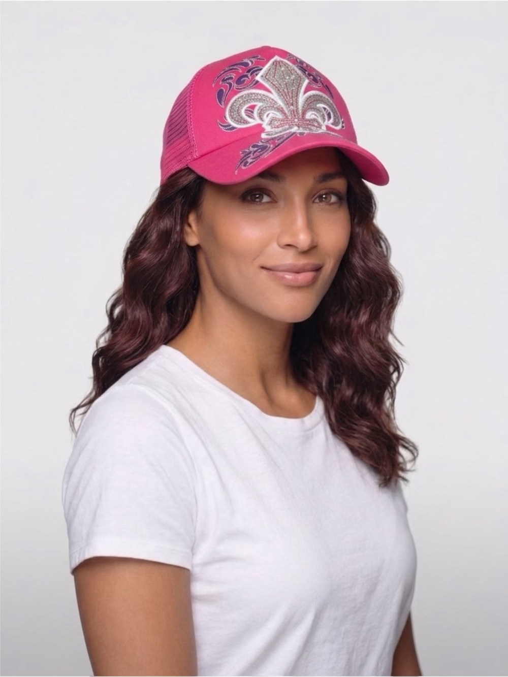 Black and White Pink Mesh Back Trucker Hat Embroidered Fleur-de-lis Adjustable